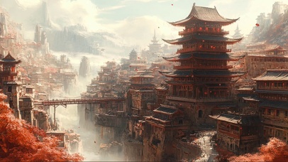 秋日宏伟山林古城建筑