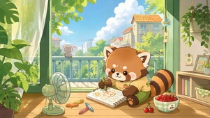 夏日窗边画画的小熊猫