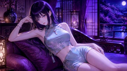紫发旗袍古风美女月下小憩