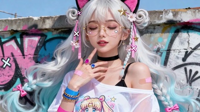 涂鸦墙下的猫耳银发甜酷少女