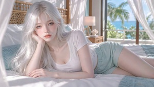 窗边银发清纯美女
