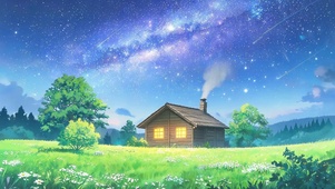 夜晚草原小屋