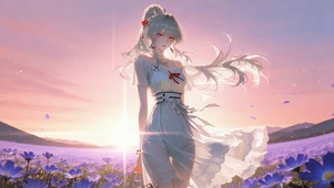 夕阳花海银发美少女