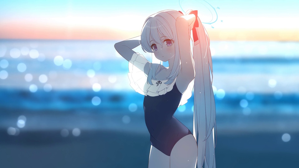 白长发紫瞳少女站在日落海边整理长发，身着深蓝色连体泳衣，背景是散景光斑的海面。
