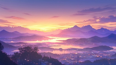 落日高山迷雾城市夜景