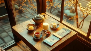 黄昏柔和微光茶艺餐桌