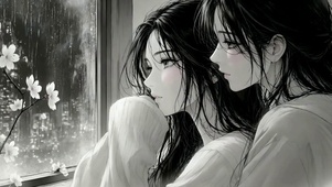 樱花雨夜窗边双人少女