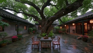 古风庭院雨天