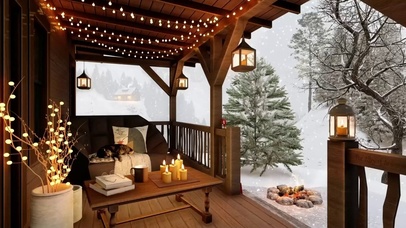 冬季木屋门廊大雪