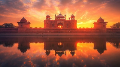 落日古堡湖畔倒影