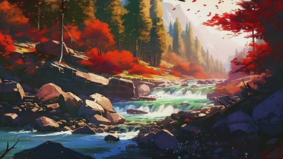 秋日郊外小溪油画风景