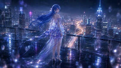 雨夜都市蓝发美少女