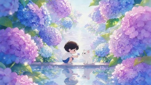 鲜花湖边男孩和猫咪
