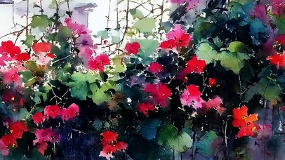 古风油画花草墙面带鱼屏