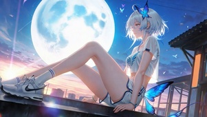 满月夜蓝蝶银发少女守岸人