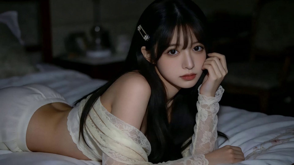 暗调卧室里趴在白色床上的黑发少女人像，水钻发夹点缀长发