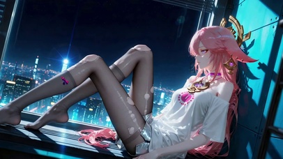 都市夜景窗边粉发美少女