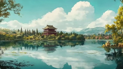 夏日湖畔古建唯美光影