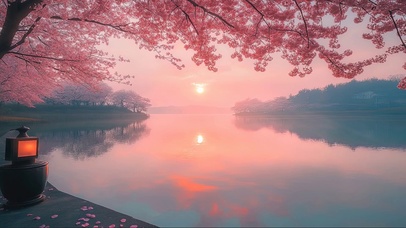 粉色朝霞樱花湖畔