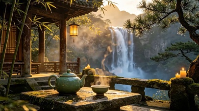 山水瀑布木亭