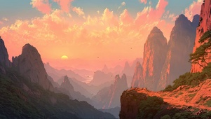 梦幻落日群峰山谷