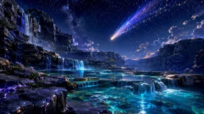 星空流星峡谷瀑布夜景