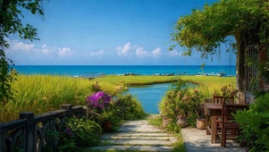 蓝天白云树木海景