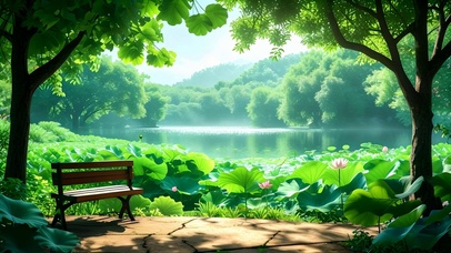 绿色护眼湖边荷花