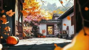 秋日庭院落叶纷飞风景