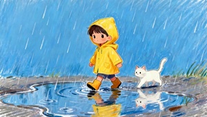 雨天男孩与猫咪走路