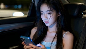 夜晚车内的清纯长发美女
