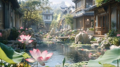 古朴荷花静谧庭院建筑