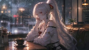 雨天咖啡馆白发红瞳美少女绯雪