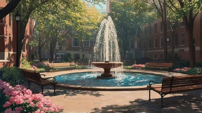 城市公园午后喷泉水池