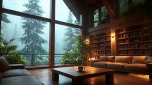 室内窗外雨天绿景