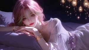 卧室里的慵懒粉发美人