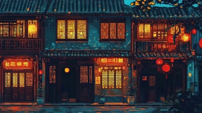 傍晚古城热闹酒馆建筑