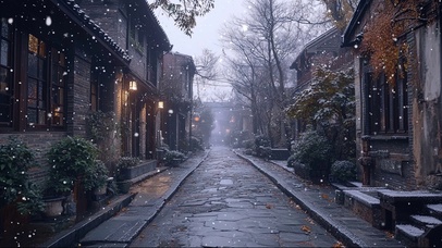 大雪纷飞下的静谧古镇