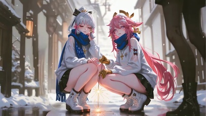 冬日雪景浪漫烟花双子少女