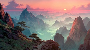 俯瞰落日山脉云海