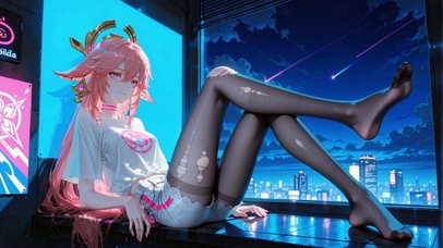 赛博夜景粉发二次元美少女
