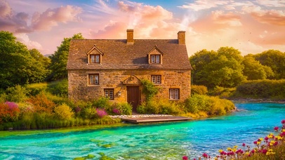 夏日傍晚河边房子