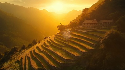 落日静谧梯田小屋