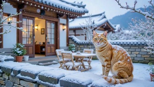 冬日雪墙狸花猫