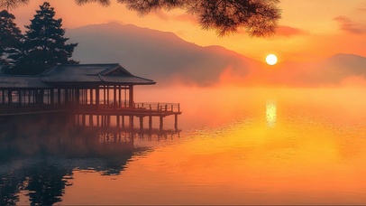 日出湖畔迷雾亭子