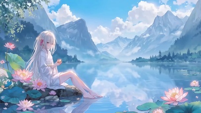 唯美治愈荷塘湖畔白色长发美少女