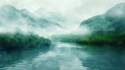 迷雾山林湖泊插画