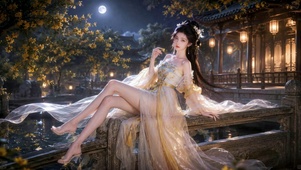 月夜古风庭院仙系古装美女