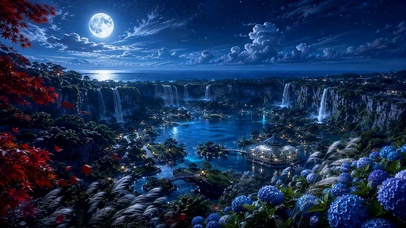 月夜瀑布花海