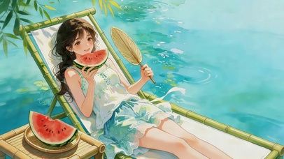 夏日竹椅西瓜女孩
